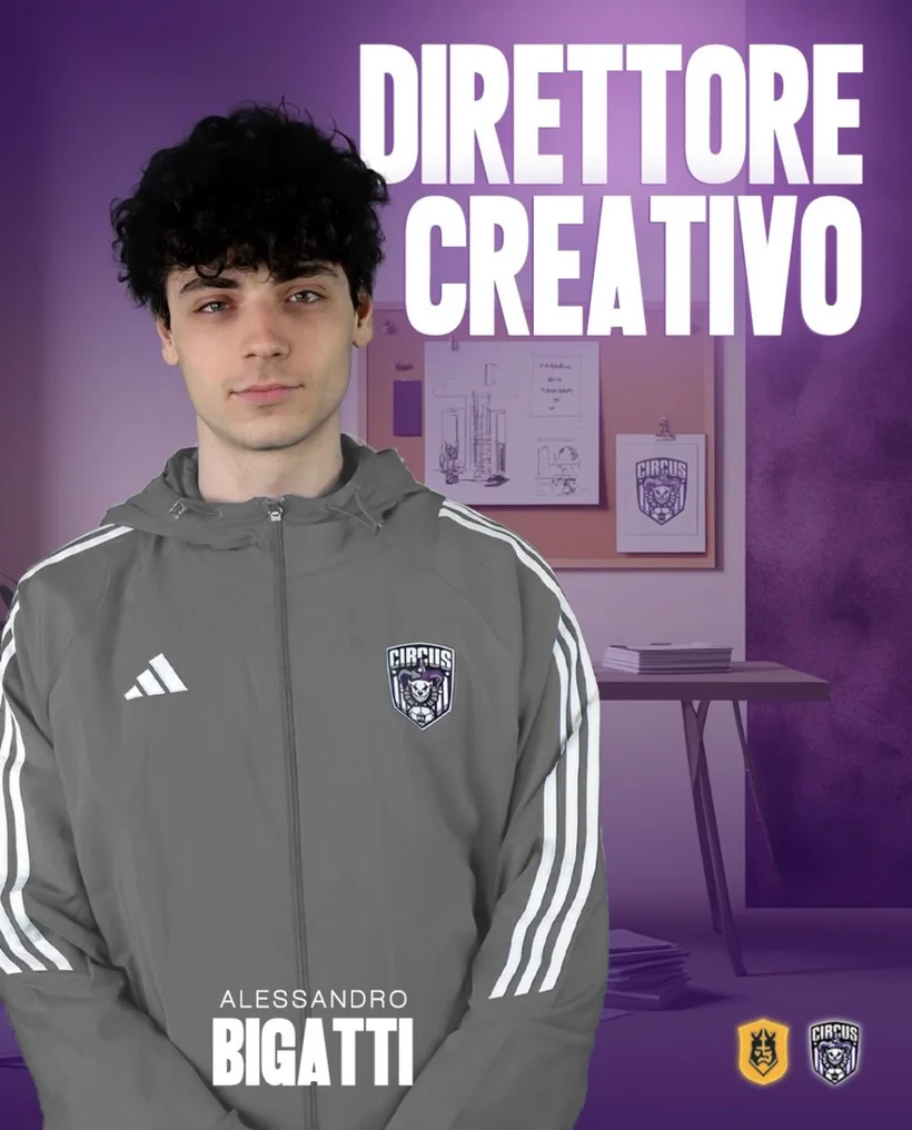 La grafica di presentazione dello staff di Circus FC con Alessandro Bigatti