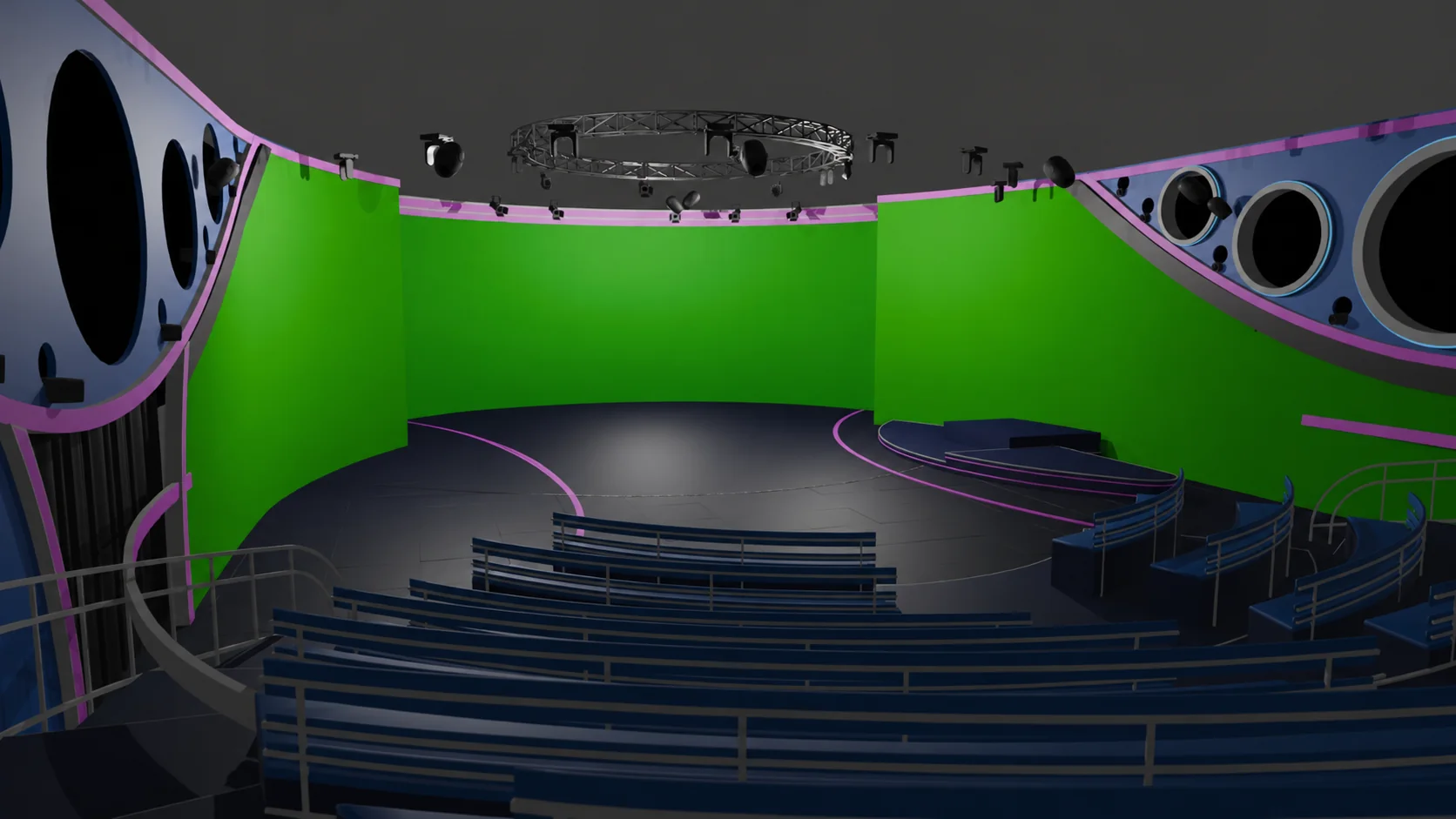 Render dello studio di Striscia la Notizia con le superfici del LED in verde: la parete centrale e le due laterali, sopra il palco e le gradinate